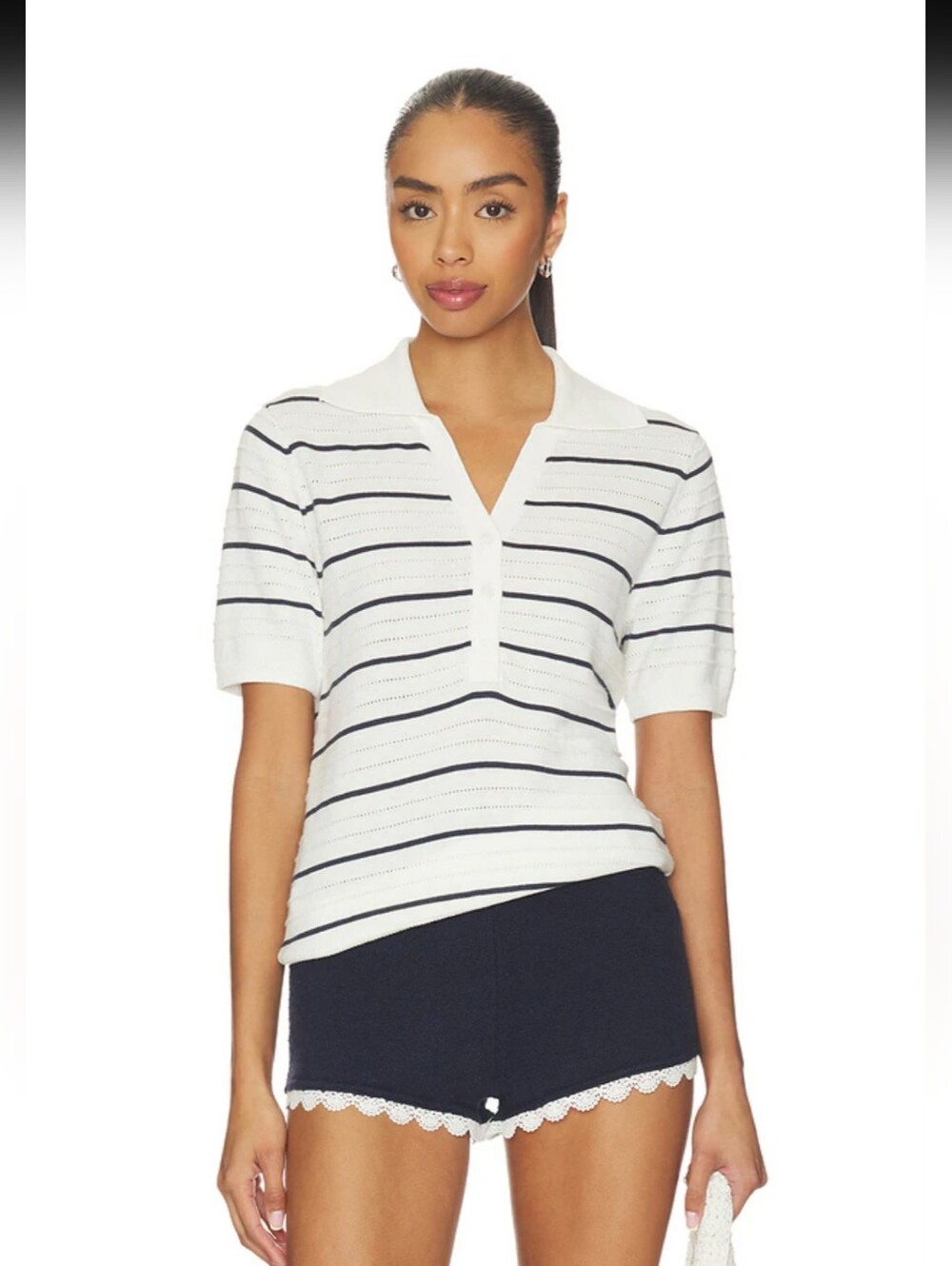 Wren Knit Polo Top in White & Blue Night